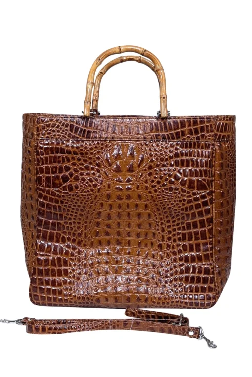 Eric Brand - Brown Croc Embossed Tote w/ Bamboo Handles & Detachable Strap