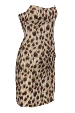 Escada - Beige & Brown Sparkly Leopard Print Strapless Sheath Dress Sz 6