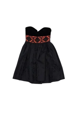 Escada - Black & Coral Velvet Embellished Strapless Dress Sz 6