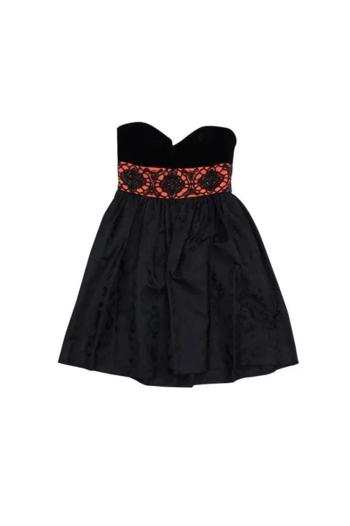 Escada - Black & Coral Velvet Embellished Strapless Dress Sz 6