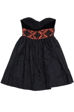Escada - Black & Coral Velvet Embellished Strapless Dress Sz 6