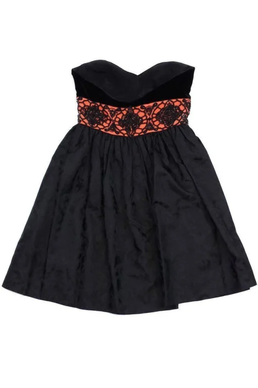 Escada - Black & Coral Velvet Embellished Strapless Dress Sz 6