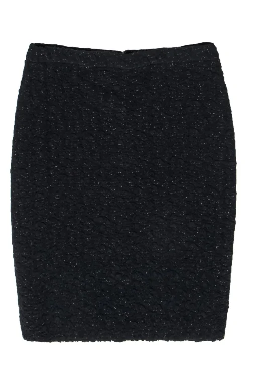 Escada - Black Swirled Crinkled Textured Pencil Skirt w/ Gold Accents Sz 10