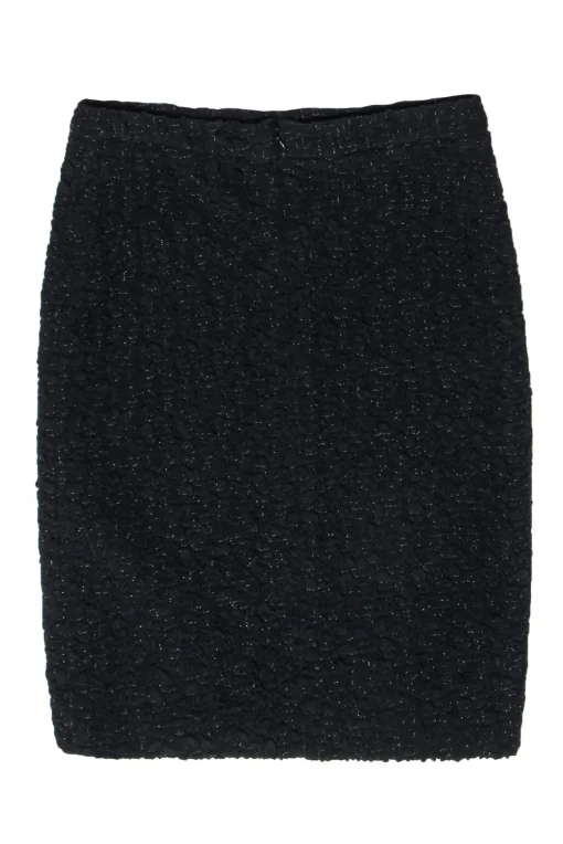 Escada - Black Swirled Crinkled Textured Pencil Skirt w/ Gold Accents Sz 10