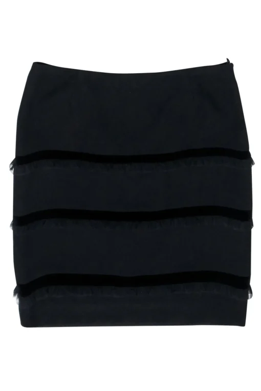 Escada - Black Wool Pencil Skirt w/ Ruffled Trim Sz 12