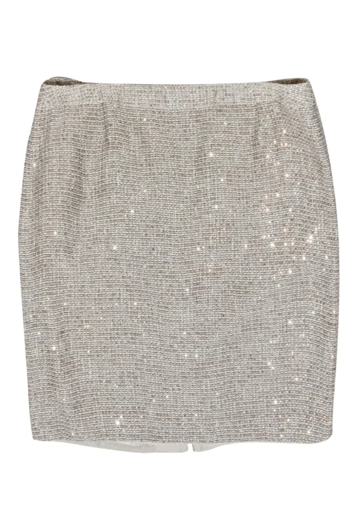 Escada - Bronze & Taupe Sequin Cotton Blend Tweed Pencil Skirt Sz 16