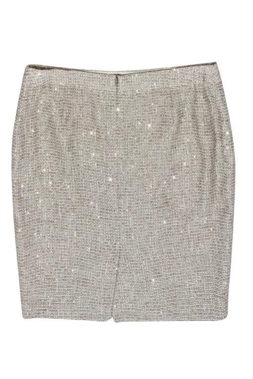Escada - Bronze & Taupe Sequin Cotton Blend Tweed Pencil Skirt Sz 16