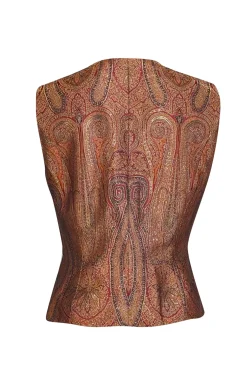 Escada - Burnt Orange, Red, & Gold Paisley Brocade Button Front Vest Sz 8