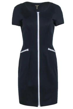 Escada - Navy Cap Sleeve Sheath Dress w/ White Zippers Sz 6