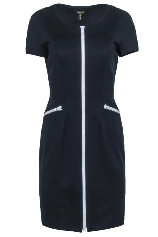 Escada - Navy Cap Sleeve Sheath Dress w/ White Zippers Sz 6