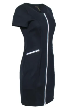 Escada - Navy Cap Sleeve Sheath Dress w/ White Zippers Sz 6