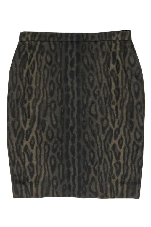 Escada - Olive & Black Leopard Print Wool Blend Pencil Skirt Sz 10