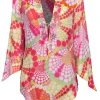 Escada - Pink & Yellow Printed Long Sleeve Silk Blouse w/ Rhinestone Trim Sz 12