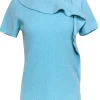 Escada - Pool Blue Wool & Silk Short Sleeve Sweater w/ Ruffles Sz M