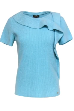 Escada - Pool Blue Wool & Silk Short Sleeve Sweater w/ Ruffles Sz M