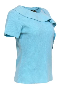 Escada - Pool Blue Wool & Silk Short Sleeve Sweater w/ Ruffles Sz M