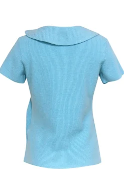 Escada - Pool Blue Wool & Silk Short Sleeve Sweater w/ Ruffles Sz M