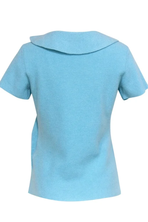Escada - Pool Blue Wool & Silk Short Sleeve Sweater w/ Ruffles Sz M