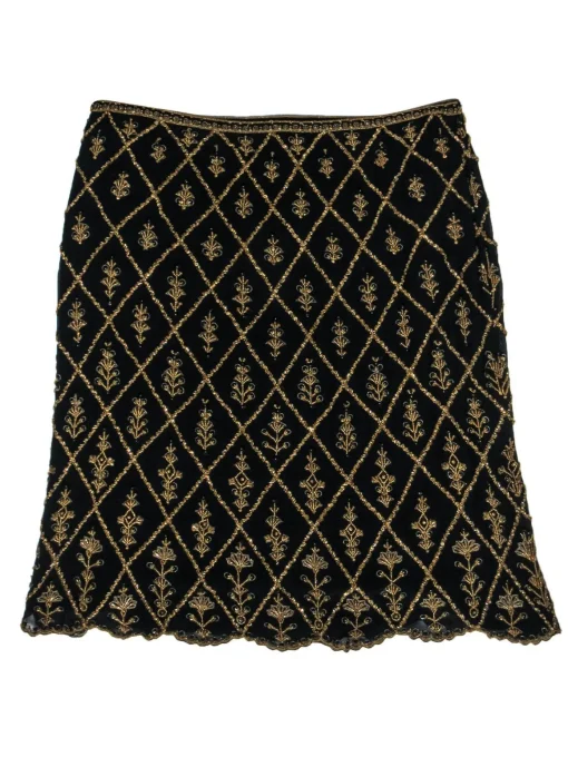 Escada Couture - Black & Gold Beaded Silk Midi Skirt Sz 14