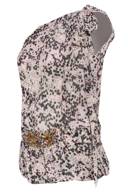 Etcetera - Printed One-Shoulder Blouse w/ Jewels Sz 6