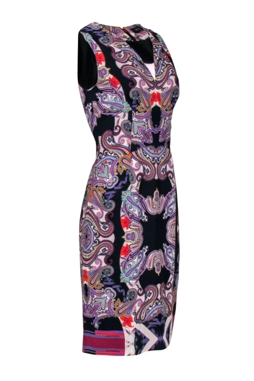 Etro - Purple Paisley Sheath Dress w/ V-Neckline Sz 8