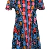 Eva Franco - Black & Multicolor Floral Embroidered Short Sleeve Fit & Flare Dress Sz 0