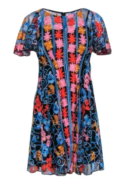 Eva Franco - Black & Multicolor Floral Embroidered Short Sleeve Fit & Flare Dress Sz 0