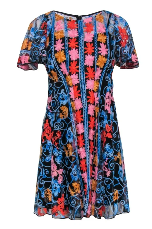 Eva Franco - Black & Multicolor Floral Embroidered Short Sleeve Fit & Flare Dress Sz 0