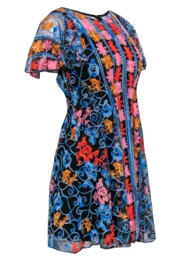 Eva Franco - Black & Multicolor Floral Embroidered Short Sleeve Fit & Flare Dress Sz 0