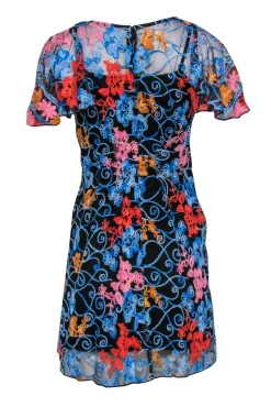 Eva Franco - Black & Multicolor Floral Embroidered Short Sleeve Fit & Flare Dress Sz 0