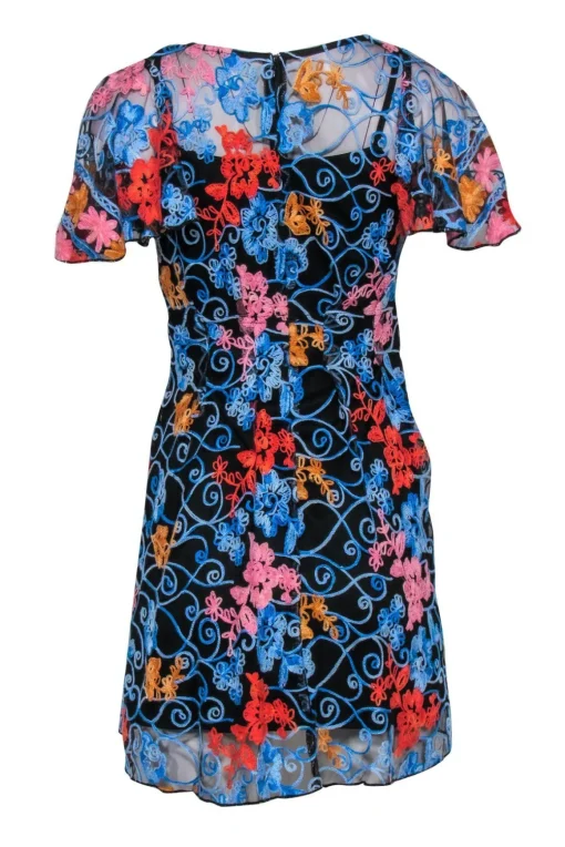 Eva Franco - Black & Multicolor Floral Embroidered Short Sleeve Fit & Flare Dress Sz 0