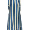 Eva Franco - Cream, Blue, & Black Striped Mock Neck Dress w/ Fringe Hem Sz L