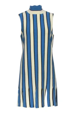 Eva Franco - Cream, Blue, & Black Striped Mock Neck Dress w/ Fringe Hem Sz L