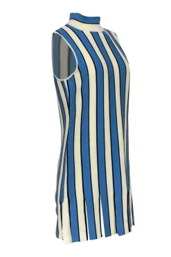 Eva Franco - Cream, Blue, & Black Striped Mock Neck Dress w/ Fringe Hem Sz L