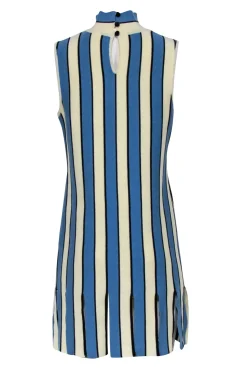 Eva Franco - Cream, Blue, & Black Striped Mock Neck Dress w/ Fringe Hem Sz L