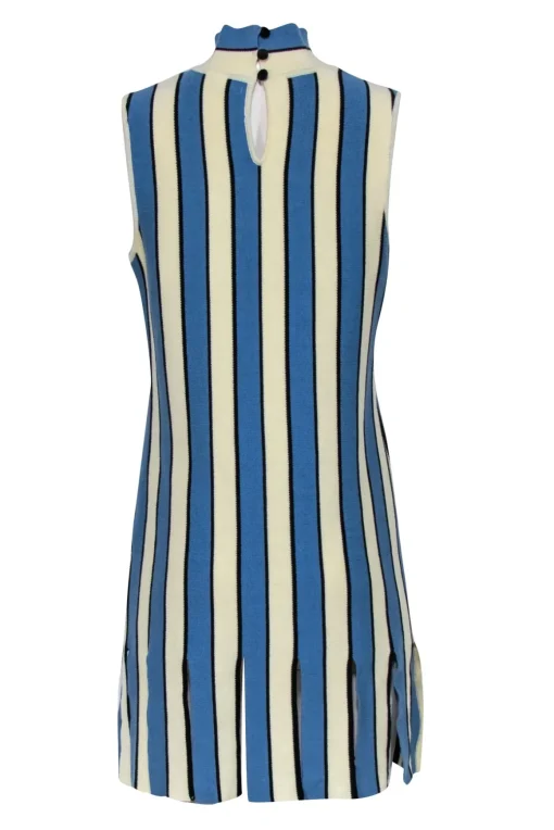 Eva Franco - Cream, Blue, & Black Striped Mock Neck Dress w/ Fringe Hem Sz L
