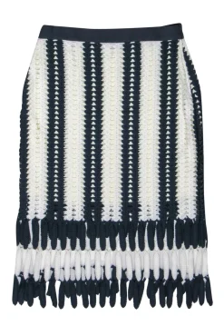 Eva Franco - Navy & White Crochet Midi Skirt w/ Fringed Hem Sz M