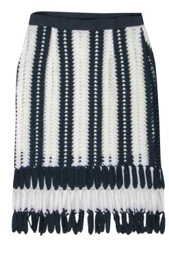 Eva Franco - Navy & White Crochet Midi Skirt w/ Fringed Hem Sz M