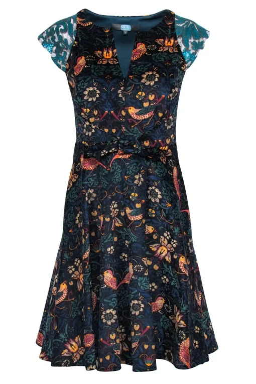 Eva Franco - Navy Floral Bird Print Corduroy Dress Sz 6