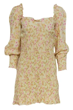 Faithfull the Brand - Light Yellow & Pink Floral Print Smocked Ruffle Dress Sz 4
