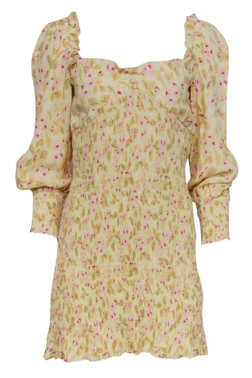 Faithfull the Brand - Light Yellow & Pink Floral Print Smocked Ruffle Dress Sz 4