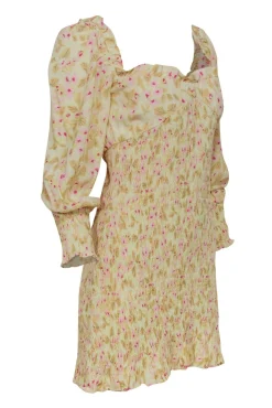 Faithfull the Brand - Light Yellow & Pink Floral Print Smocked Ruffle Dress Sz 4