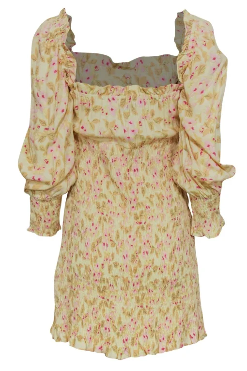 Faithfull the Brand - Light Yellow & Pink Floral Print Smocked Ruffle Dress Sz 4