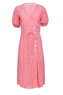 Faithfull the Brand - Pink w/ White Stenciled Floral Print Midi Dress Sz 6