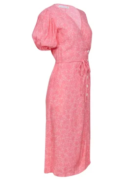 Faithfull the Brand - Pink w/ White Stenciled Floral Print Midi Dress Sz 6