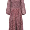 Fame and Partners - Brown, Light Pink & Black Floral Puff Sleeve Midi Dress Sz 0