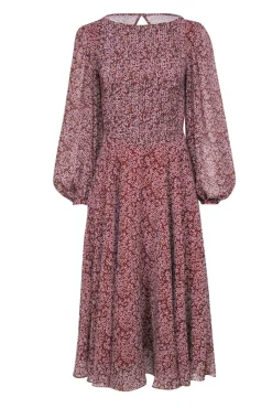 Fame and Partners - Brown, Light Pink & Black Floral Puff Sleeve Midi Dress Sz 0
