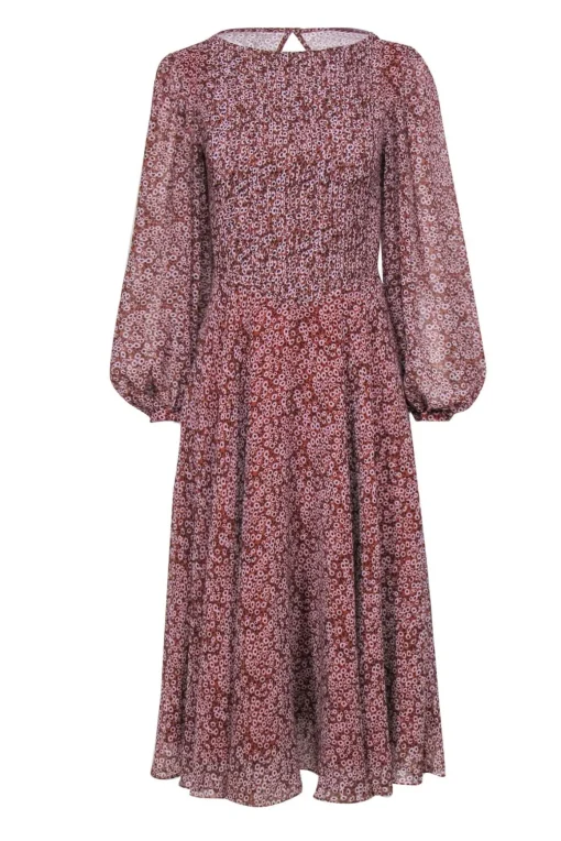 Fame and Partners - Brown, Light Pink & Black Floral Puff Sleeve Midi Dress Sz 0