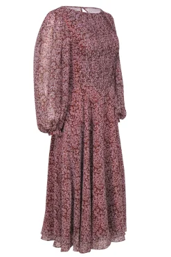 Fame and Partners - Brown, Light Pink & Black Floral Puff Sleeve Midi Dress Sz 0