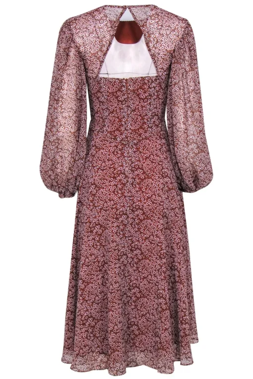 Fame and Partners - Brown, Light Pink & Black Floral Puff Sleeve Midi Dress Sz 0